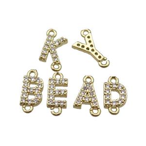 mix copper alphabet letter connector pave zircon, gold plated, approx 8mm [FN29854]