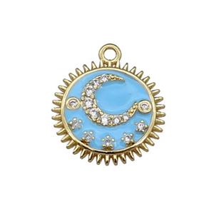 copper Sun moon pendant pave zircon, blue enamel, gold plated, approx 15mm dia [FN29875]