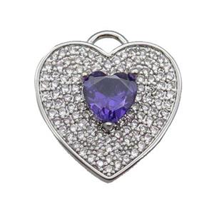 copper Heart pendant pave zircon, purple, platinum plated, approx 17mm [FN29901]