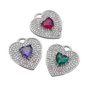 mixed copper Heart pendant pave zircon, platinum plated, approx 17mm [FN29904]