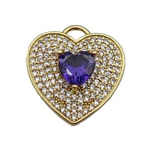 copper Heart pendant pave zircon, purple, gold plated, approx 17mm [FN29906]