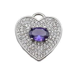 copper Heart pendant pave zircon, purple, platinum plated, approx 17mm [FN29911]