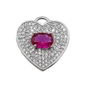 copper Heart pendant pave zircon, ruby, platinum plated, approx 17mm [FN29913]