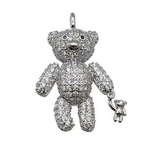 copper Bear charm pendant pave zircon, platinum plated, approx 20-26mm, 3mm hole [FN29929]