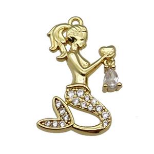 copper Mermaid charm pendant pave zircon, gold plated, approx 14-25mm [FN29955]