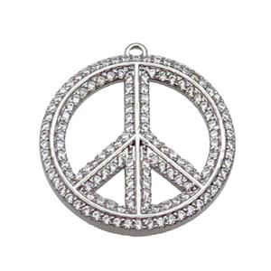 copper Peace Sign pendant pave zircon, platinum plated, approx 24mm dia [FN29968]