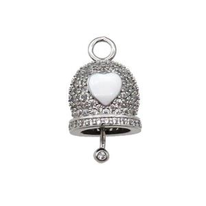 copper Bell pendant pave zircon, white enamel, platinum plated, approx 12mm, 8mm thickness [FN29971]