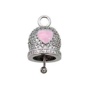 copper Bell pendant pave zircon, pink enamel, platinum plated, approx 12mm, 8mm thickness [FN29972]