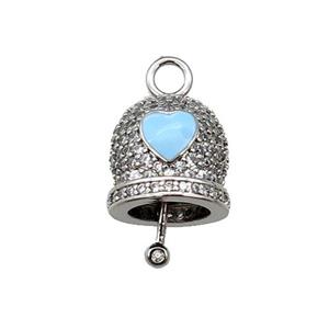 copper Bell pendant pave zircon, blue enamel, platinum plated, approx 12mm, 8mm thickness [FN29974]