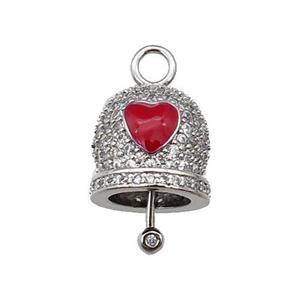 copper Bell pendant pave zircon, red enamel, platinum plated, approx 12mm, 8mm thickness [FN29975]