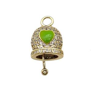 copper Bell pendant pave zircon, green enamel, gold plated, approx 12mm, 8mm thickness [FN29978]