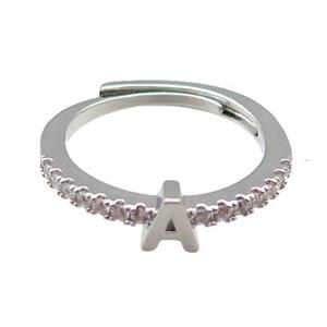 copper Ring pave zircon, letter-A, adjustable, platinum plated, approx 18mm dia [FN29979]