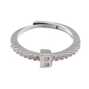 copper Ring pave zircon, letter-B, adjustable, platinum plated, approx 18mm dia [FN29980]