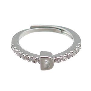 copper Ring pave zircon, letter-D, adjustable, platinum plated, approx 18mm dia [FN29982]