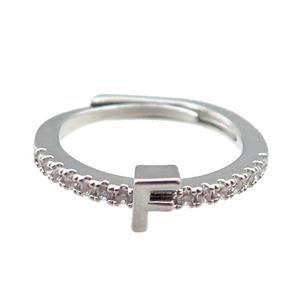 copper Ring pave zircon, letter-F, adjustable, platinum plated, approx 18mm dia [FN29984]
