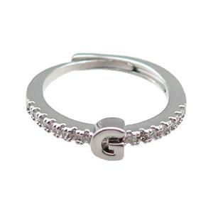 copper Ring pave zircon, letter-G, adjustable, platinum plated, approx 18mm dia [FN29985]