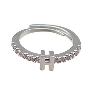 copper Ring pave zircon, letter-H, adjustable, platinum plated, approx 18mm dia [FN29986]