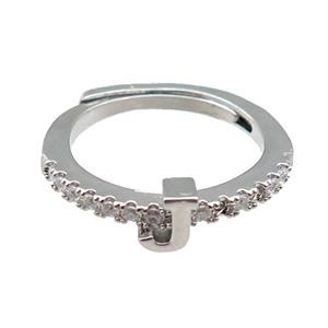 copper Ring pave zircon, letter-J, adjustable, platinum plated, approx 18mm dia [FN29988]