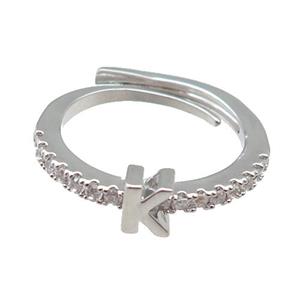 copper Ring pave zircon, letter-K, adjustable, platinum plated, approx 18mm dia [FN29989]