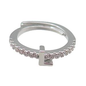 copper Ring pave zircon, letter-L, adjustable, platinum plated, approx 18mm dia [FN29990]