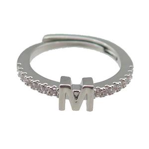 copper Ring pave zircon, letter-M, adjustable, platinum plated, approx 18mm dia [FN29991]