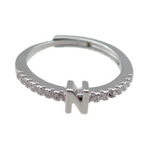 copper Ring pave zircon, letter-N, adjustable, platinum plated, approx 18mm dia [FN29992]