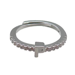 copper Ring pave zircon, letter-P, adjustable, platinum plated, approx 18mm dia [FN29994]