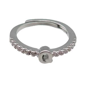 copper Ring pave zircon, letter-Q, adjustable, platinum plated, approx 18mm dia [FN29995]