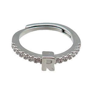 copper Ring pave zircon, letter-R, adjustable, platinum plated, approx 18mm dia [FN29996]