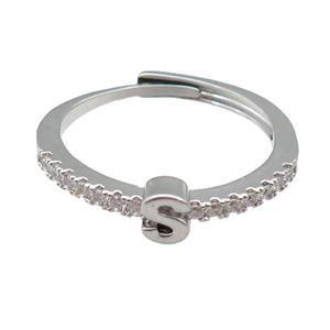copper Ring pave zircon, letter-S, adjustable, platinum plated, approx 18mm dia [FN29997]