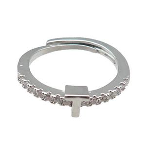copper Ring pave zircon, letter-T, adjustable, platinum plated, approx 18mm dia [FN29998]