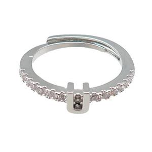 copper Ring pave zircon, letter-U, adjustable, platinum plated, approx 18mm dia [FN29999]
