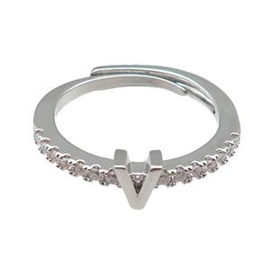 copper Ring pave zircon, letter-V, adjustable, platinum plated, approx 18mm dia [FN30000]