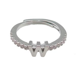 copper Ring pave zircon, letter-W, adjustable, platinum plated, approx 18mm dia [FN30001]