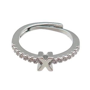 copper Ring pave zircon, letter-X, adjustable, platinum plated, approx 18mm dia [FN30002]