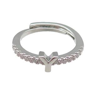 copper Ring pave zircon, letter-Y, adjustable, platinum plated, approx 18mm dia [FN30003]