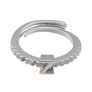 copper Ring pave zircon, letter-Z, adjustable, platinum plated, approx 18mm dia [FN30004]