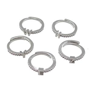 mix copper Ring pave zircon, alphabet letter, adjustable, platinum plated, approx 18mm dia [FN30005]