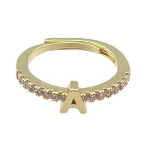 copper Ring pave zircon, letter-A, adjustable, gold plated, approx 18mm dia [FN30006]