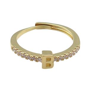 copper Ring pave zircon, letter-B, adjustable, gold plated, approx 18mm dia [FN30007]