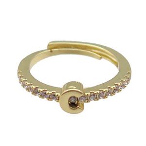 copper Ring pave zircon, letter-C, adjustable, gold plated, approx 18mm dia [FN30008]