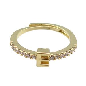 copper Ring pave zircon, letter-E, adjustable, gold plated, approx 18mm dia [FN30010]