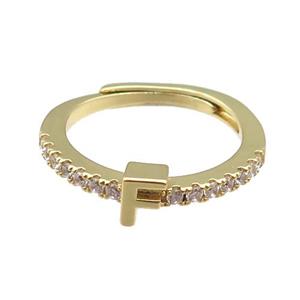 copper Ring pave zircon, letter-F, adjustable, gold plated, approx 18mm dia [FN30011]