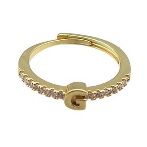 copper Ring pave zircon, letter-G, adjustable, gold plated, approx 18mm dia [FN30012]