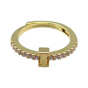 copper Ring pave zircon, letter-I, adjustable, gold plated, approx 18mm dia [FN30014]