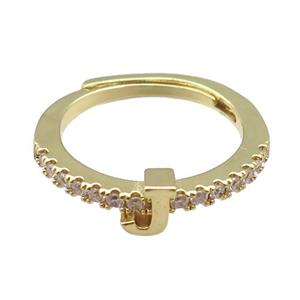copper Ring pave zircon, letter-J, adjustable, gold plated, approx 18mm dia [FN30015]