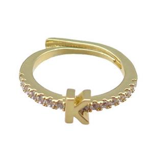 copper Ring pave zircon, letter-K, adjustable, gold plated, approx 18mm dia [FN30016]