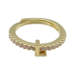 copper Ring pave zircon, letter-L, adjustable, gold plated, approx 18mm dia [FN30017]