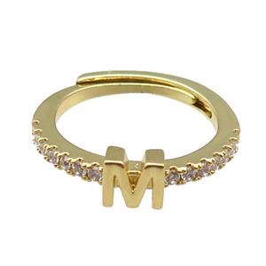 copper Ring pave zircon, letter-M, adjustable, gold plated, approx 18mm dia [FN30018]