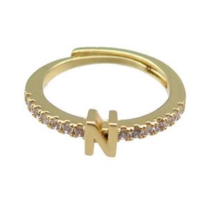 copper Ring pave zircon, letter-N, adjustable, gold plated, approx 18mm dia [FN30019]